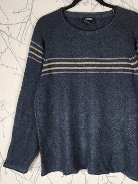 America Blue Gold Stripe Ramie Cotton Blend Knit Round Neck Sweater